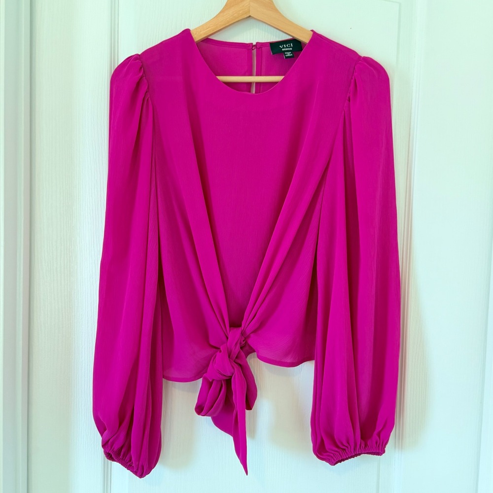 VICI Magenta Tie Front Balloon Sleeve Blouse AT1877 Medium Barbiecore Boho Pink - Picture 2 of 10